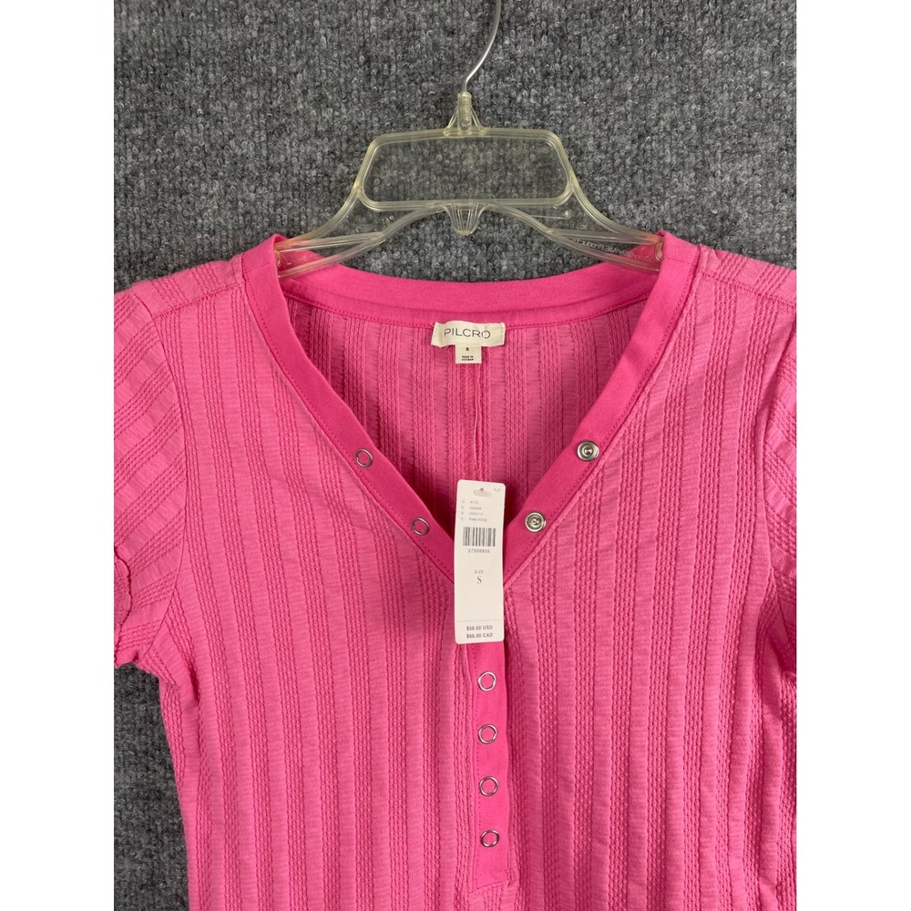 Pilcro Henley Top Womens Small Pink New Ribbed Snap Button Short Sleeve Shirt - Picture 2 of 8